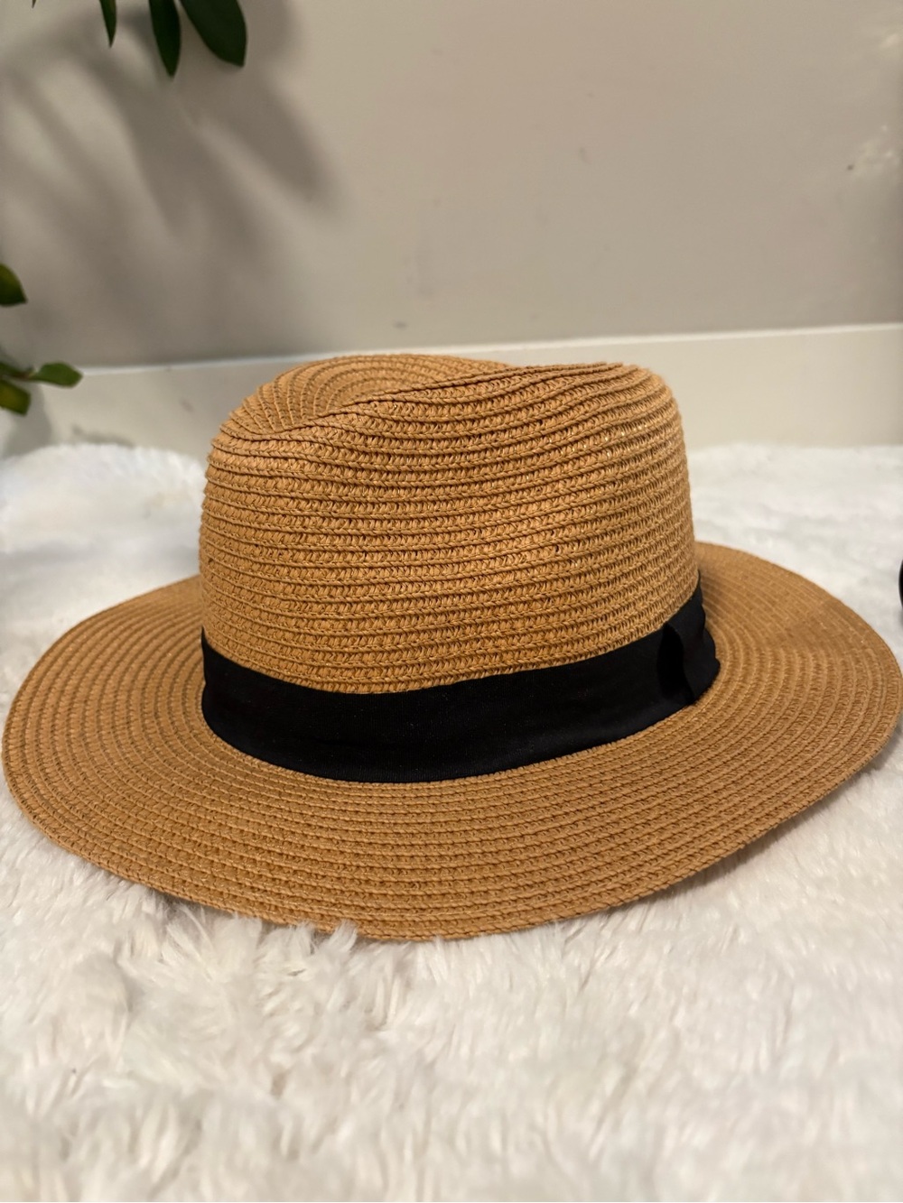 Straw Panama-Style Hat | One Size | Camel with Black Ribbon - Picture 3 of 5